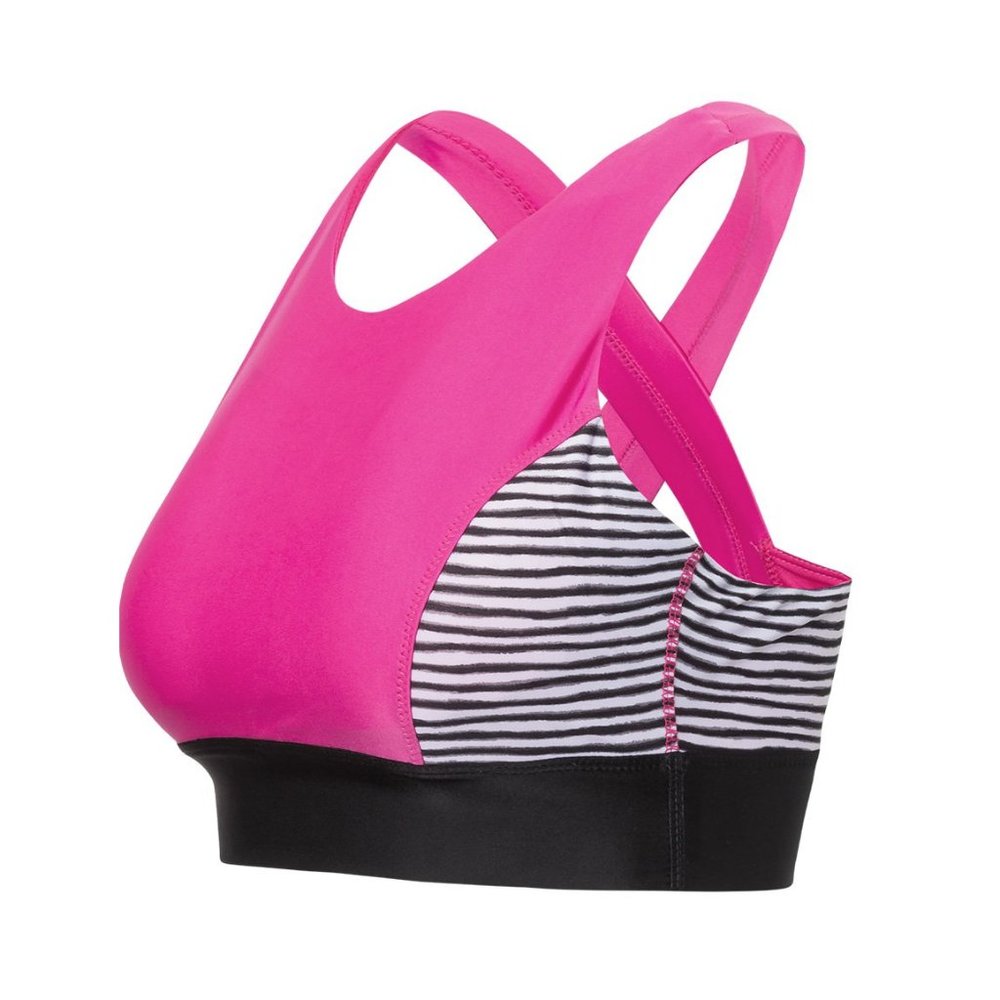 UV SKINZ Pink with Black & White Striped Criss Cross Back Active Swim Top NWT